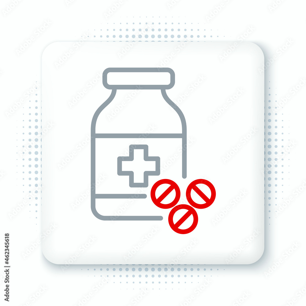 Line Medicine bottle and pills icon isolated on white background. Bottle pill sign. Pharmacy design. Colorful outline concept. Vector Line Medicine bottle and pills icon isolated on white background. Bottle pill sign. Pharmacy design. Colorful outline concept. Vector