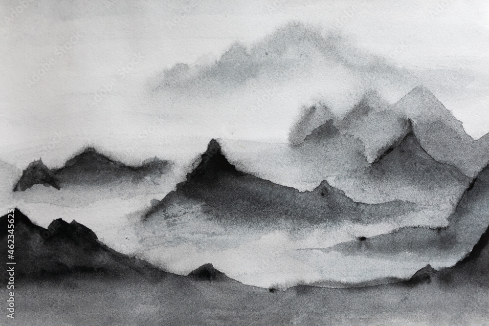 Monochrome picture of mountains in watercolour. Fog in background adds some mystery.