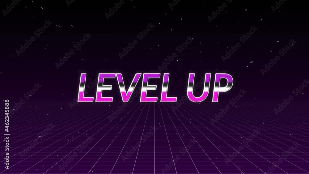 Animation of level up text in pink glowing letters over grid Animation of level up text in pink glowing letters over grid