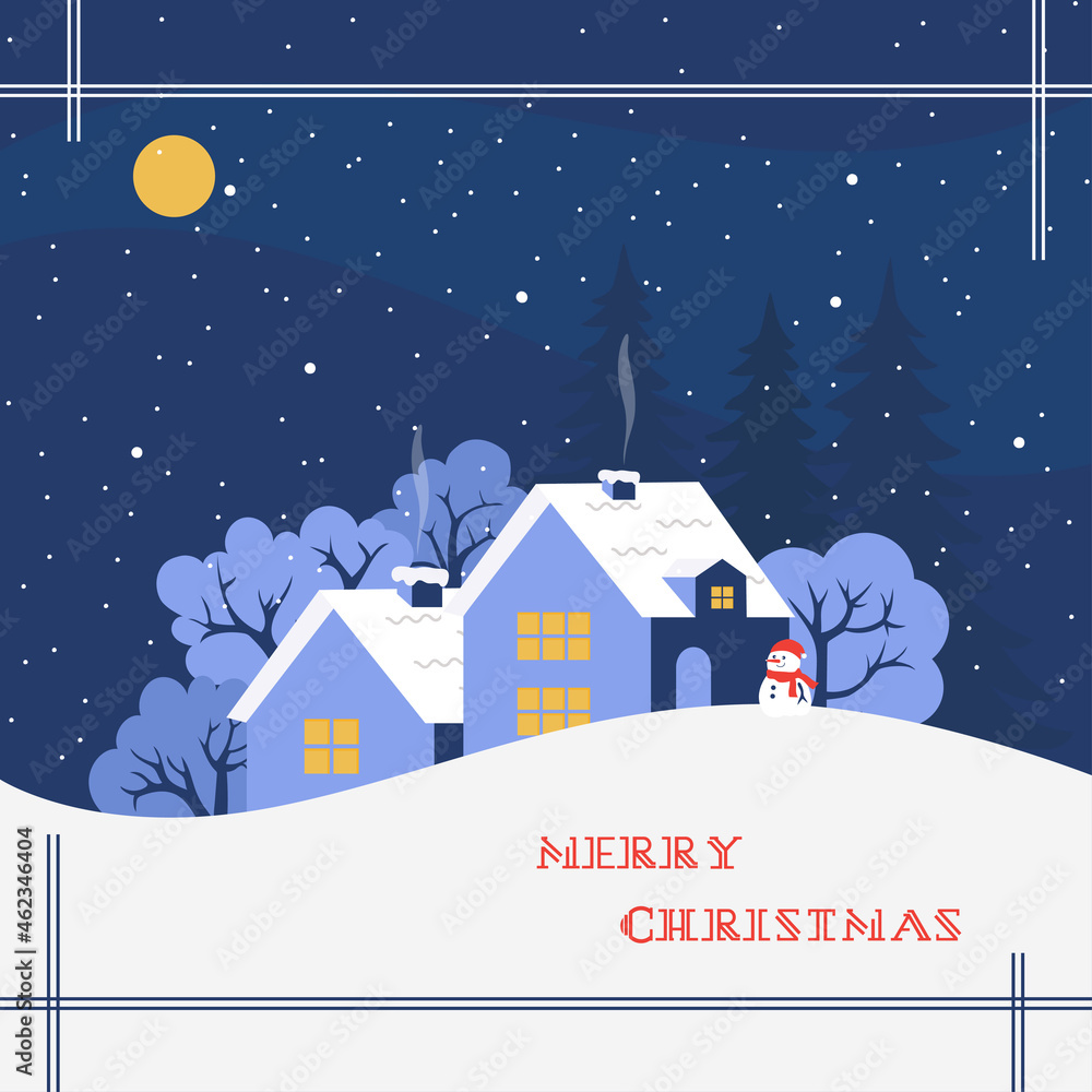 Winter landscape with tiny village view and snowy sky. Merry Christmas and Happy New Year greeting card or banner with place for your text.