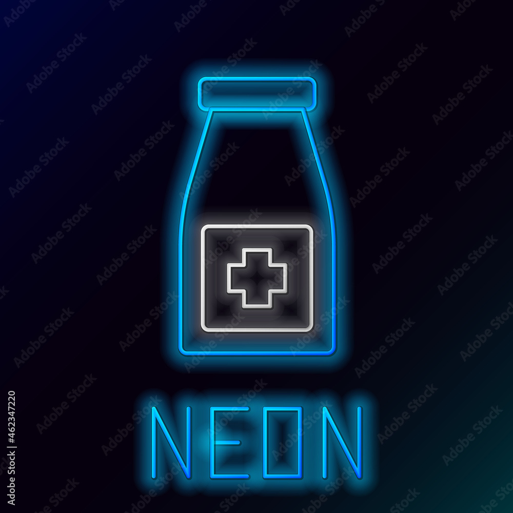 Glowing neon line Medicine bottle and pills icon isolated on black background. Bottle pill sign. Pharmacy design. Colorful outline concept. Vector Glowing neon line Medicine bottle and pills icon isolated on black background. Bottle pill sign. Pharmacy design. Colorful outline concept. Vector