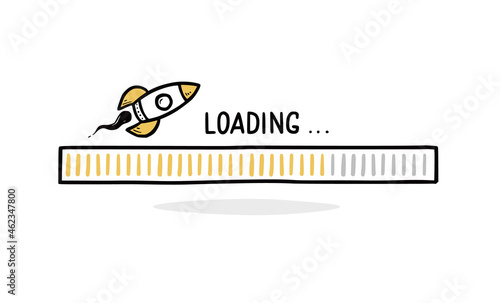 Fast speed loading bar doodle with rocket. Speed progress bar, fast internet concept. Hand drawn line sketch style. Isolated vector illustration.