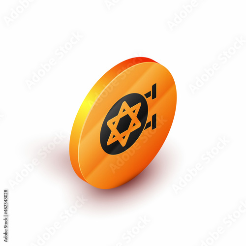 Isometric Jewish synagogue building or jewish temple icon isolated on white background. Hebrew or judaism construction with David star. Orange circle button. Vector