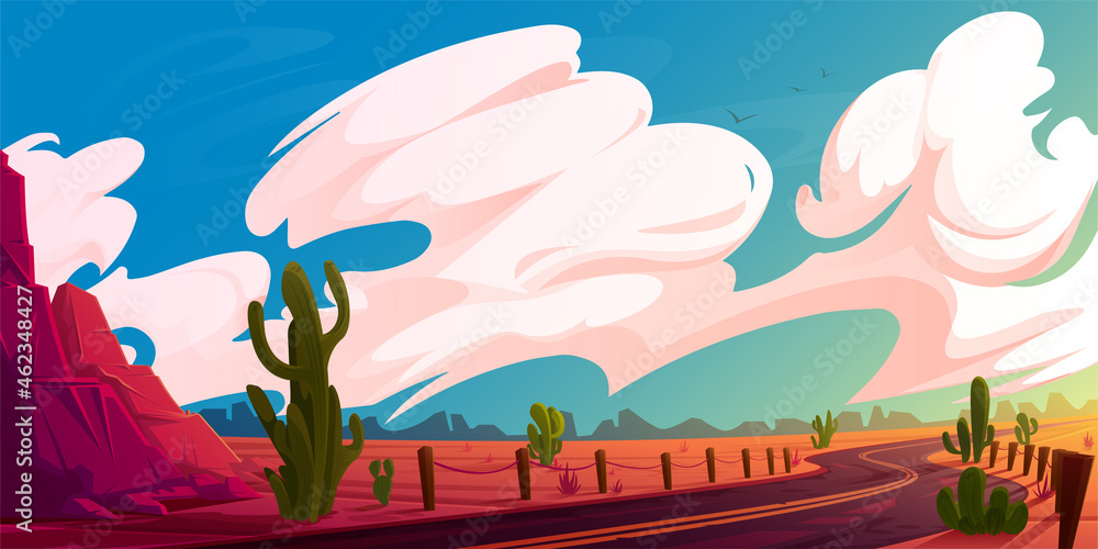 Arizona desert landscape with asphalt road, rocks and cacti. Wild west highway in American canyon, hot sand deserted land with orange mountains. Summer western background Vector cartoon illustration - obrazy, fototapety, plakaty 