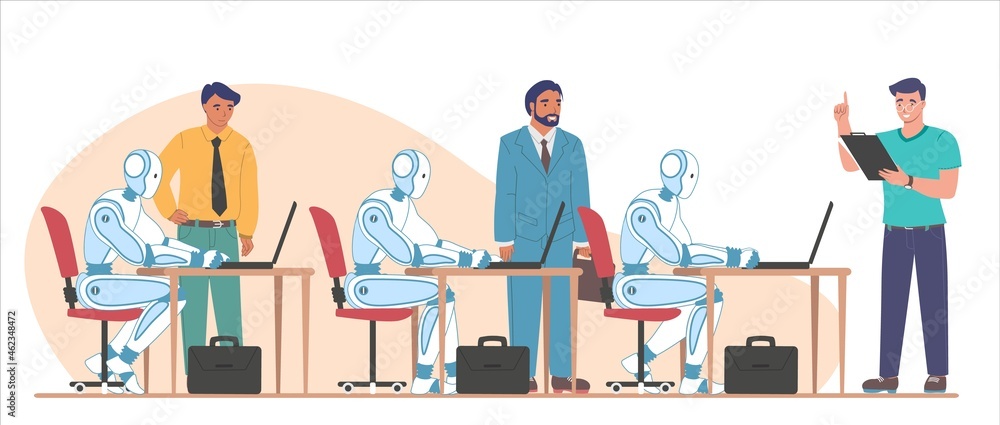 Robots working on computers performing tasks, flat vector illustration. AI and rpa, robotic process automation.