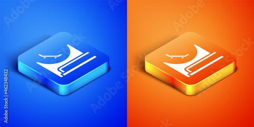 Isometric Skate park icon isolated on blue and orange background. Set of ramp, roller, stairs for a skatepark. Extreme sport. Square button. Vector