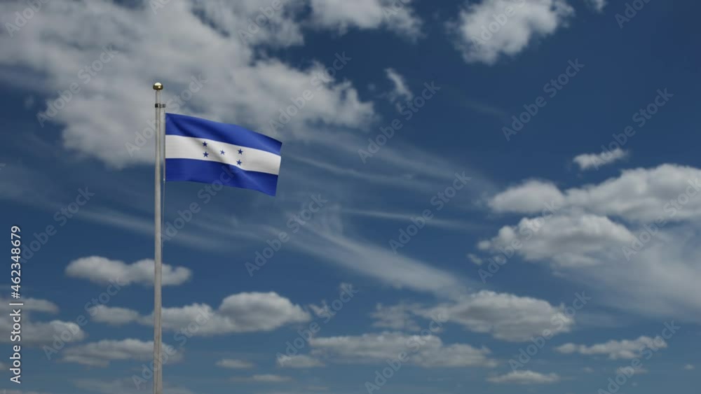 3D, Honduran flag waving on wind with blue sky and clouds. Close up of Honduras banner blowing, soft and smooth silk. Cloth fabric texture ensign background. 3D, Honduran flag waving on wind with blue sky and clouds. Close up of Honduras banner blowing, soft and smooth silk. Cloth fabric texture ensign background.