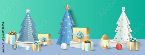 Christmas tree and gift box on display podium set, vector paper cut illustration. Xmas winter holidays presents sale.