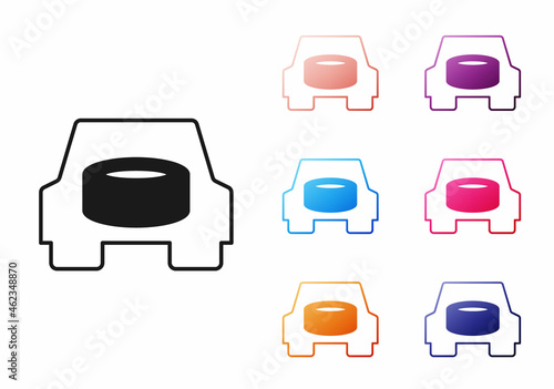 Black Spare wheel in the car icon isolated on white background. Process of replacing the wheel. Storage location of the spare wheel in the trunk. Set icons colorful. Vector
