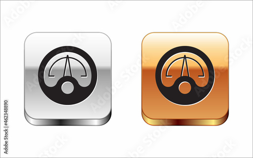 Black Motor gas gauge icon isolated on white background. Empty fuel meter. Full tank indication. Silver and gold square buttons. Vector