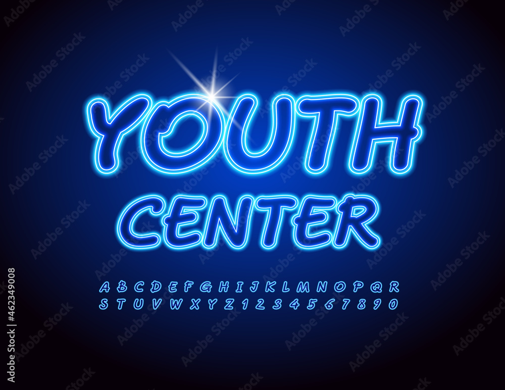 Vector bright Sign Youth Center. Handwritten Blue Font. Glowing  Alphabet Letters and Numbers set