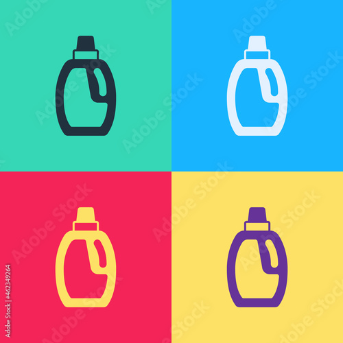 Pop art Plastic bottle for laundry detergent, bleach, dishwashing liquid or another cleaning agent icon isolated on color background. Vector