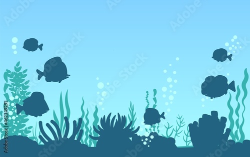 Bottom of reservoir with fish. Silhouette. Blue water. Sea ocean. Underwater landscape with animals  plants  algae and corals. Illustration in cartoon style. Flat design. Vector art