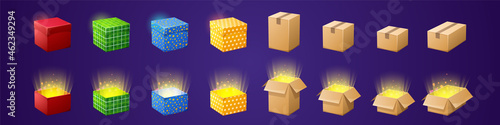 Gift and cardboard boxes for game gui design. Vector cartoon set of colorful present packages with reward, prize or surprise and carton parcels. Closed and open containers with gold light inside