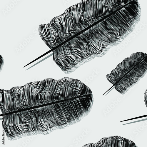 Black feathers with shadow on a gray background, 3d wallpaper, texture for design, seamless pattern, vector illustration