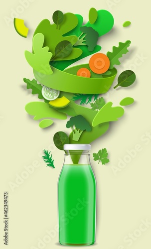Green juice glass bottle, paper cut fresh vegetables, liquid splash, drops. Healthy organic drink. Detox diet, vector.