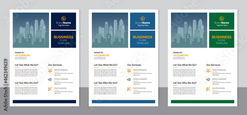 Set of 3 color variation flyer, brochure cover modern layout, annual report, poster, pamphlet template design, letter and a4 size.