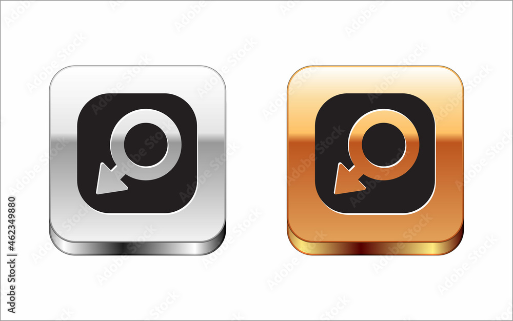 Black Male gender symbol icon isolated on white background. Silver and gold square buttons. Vector Black Male gender symbol icon isolated on white background. Silver and gold square buttons. Vector
