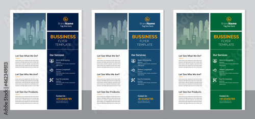 Set of 3 color variation flyer, brochure cover modern layout, annual report, poster, pamphlet template design, letter and a4 size.