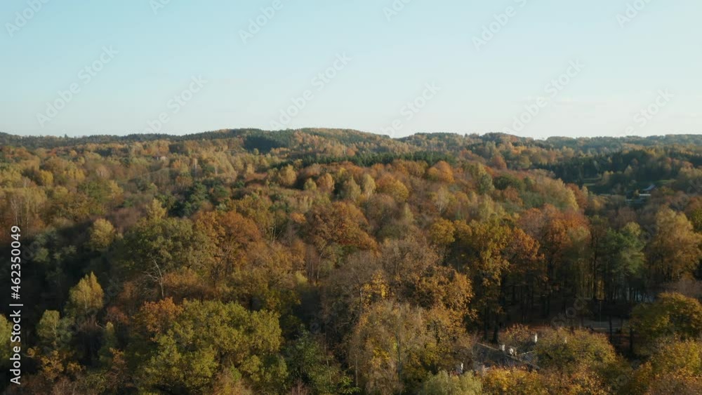 AERIAL: Autumn Season with Forest on a Hill and Clear Blue Sky in Background AERIAL: Autumn Season with Forest on a Hill and Clear Blue Sky in Background