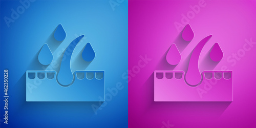 Paper cut Organic essential oil for hair care treatment icon isolated on blue and purple background. Hair growth oil. Paper art style. Vector
