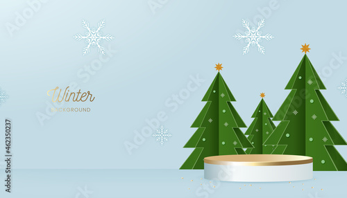 눈송이 및 눈의 배경에 겨울 연단