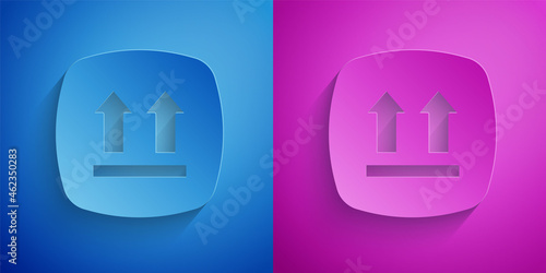 Paper cut This side up icon isolated on blue and purple background. Two arrows indicating top side of packaging. Cargo handled. Paper art style. Vector
