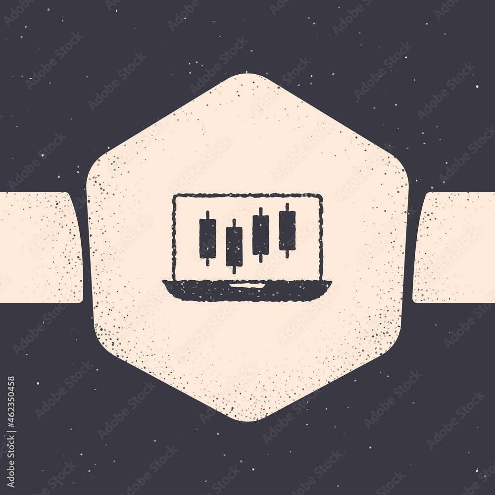 Grunge Laptop with stocks market growth graphs and money icon isolated on grey background. Monitor with stock charts arrow on screen. Monochrome vintage drawing. Vector Grunge Laptop with stocks market growth graphs and money icon isolated on grey background. Monitor with stock charts arrow on screen. Monochrome vintage drawing. Vector