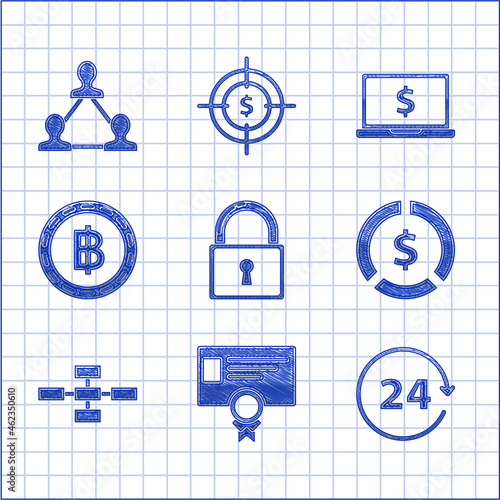 Set Lock, Certificate template, Clock 24 hours, Coin money with dollar symbol, Business hierarchy organogram chart infographics, Cryptocurrency coin Bitcoin, Laptop and Project team base icon. Vector