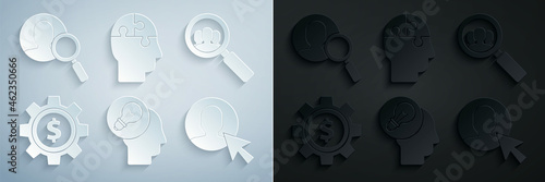 Set Human head with lamp bulb, Magnifying glass for search people, Gear dollar symbol, User of business suit, puzzles strategy and icon. Vector