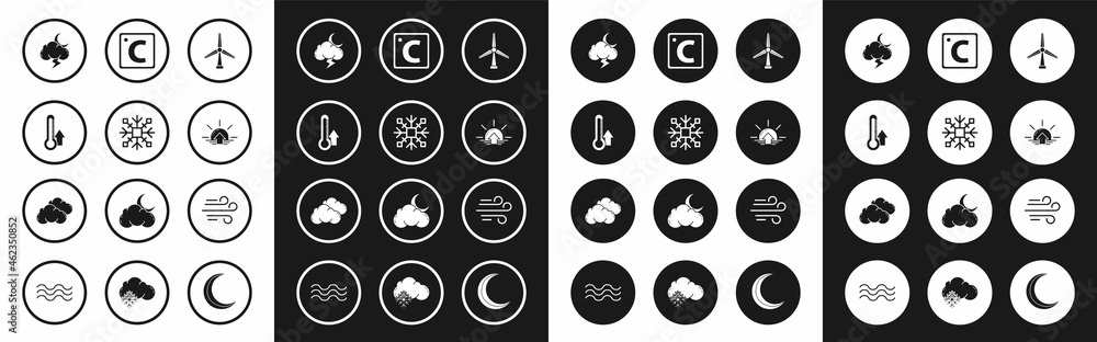 Set Wind turbine, Snowflake, Thermometer, Storm, Sunrise, Celsius, and Cloud icon. Vector
