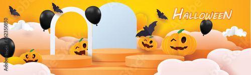 shopping online halloween background orange on phone holiday vector illustation podium stage product marketing 