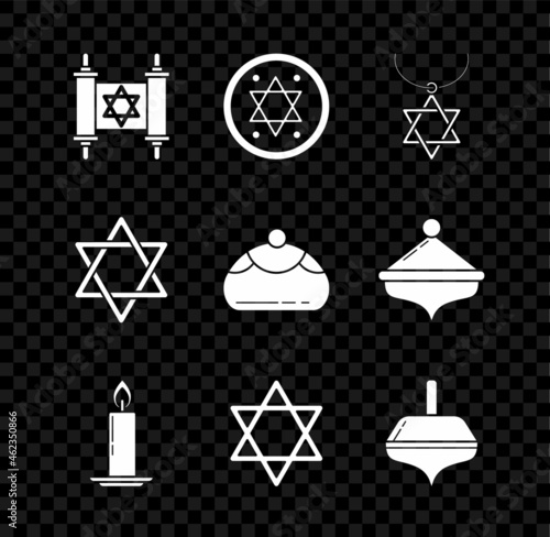 Set Torah scroll, Jewish coin, Star of David necklace on chain, Burning candle candlestick, Hanukkah dreidel, and sweet bakery icon. Vector