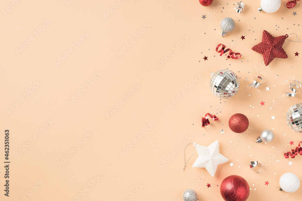 Merry Christmas concept. Overhead view photo image of nice newyear decor of baubles star with shiny fashionable glitter isolated beige color backdrop with empty space Merry Christmas concept. Overhead view photo image of nice newyear decor of baubles star with shiny fashionable glitter isolated beige color backdrop with empty space