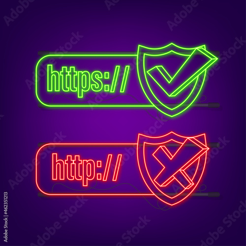 Neon style http and https protocols on shield, on dark background. Vector stock illustration