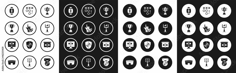 Set Award cup and American football ball, Number 1 one fan hand glove with finger raised american, Football, goal post, Planning strategy concept, tv program and icon. Vector Set Award cup and American football ball, Number 1 one fan hand glove with finger raised american, Football, goal post, Planning strategy concept, tv program and icon. Vector