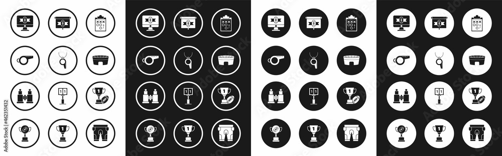Set Planning strategy concept, Whistle, American football tv program, Football stadium, Award cup and and Binoculars icon. Vector Set Planning strategy concept, Whistle, American football tv program, Football stadium, Award cup and and Binoculars icon. Vector