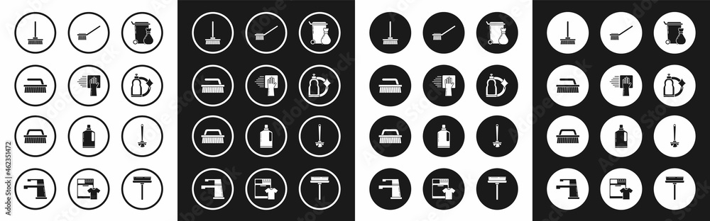 Set Trash can, Cleaning service, Brush for cleaning, Mop, Plastic bottles liquid dishwashing liquid, Toilet brush, and icon. Vector Set Trash can, Cleaning service, Brush for cleaning, Mop, Plastic bottles liquid dishwashing liquid, Toilet brush, and icon. Vector