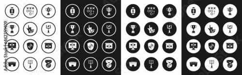 Set Award cup and American football ball, Number 1 one fan hand glove with finger raised american, Football, goal post, Planning strategy concept, tv program and icon. Vector