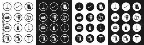 Set Trash can, Cleaning service, Brush for cleaning, Mop, Plastic bottles liquid dishwashing liquid, Toilet brush, and icon. Vector