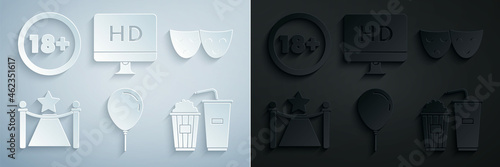 Set Balloon with ribbon, Comedy and tragedy theatrical masks, Carpet barriers star, Popcorn soda drink glass, Computer PC monitor HD video technology and Under 18 years icon. Vector