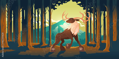Deer in forest, wild animal, beautiful stag with antlers on nature background with trees and mountain peak. Wood landscape with majestic reindeer fairy tale character, Cartoon vector illustration