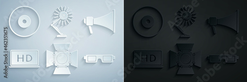 Set Movie spotlight, Megaphone, Laptop screen with HD video technology, 3D cinema glasses, Table lamp and CD or DVD disk icon. Vector