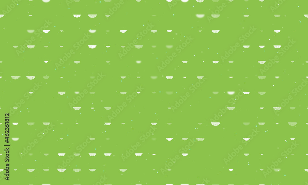 Seamless background pattern of evenly spaced white watermelon piece symbols of different sizes and opacity. Vector illustration on light green background with stars