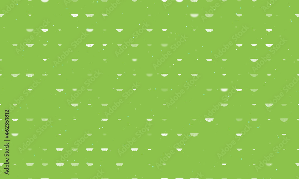 Seamless background pattern of evenly spaced white watermelon piece symbols of different sizes and opacity. Vector illustration on light green background with stars Seamless background pattern of evenly spaced white watermelon piece symbols of different sizes and opacity. Vector illustration on light green background with stars