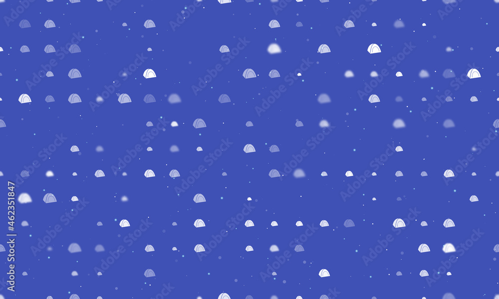 Seamless background pattern of evenly spaced white tourist tents of different sizes and opacity. Vector illustration on indigo background with stars
