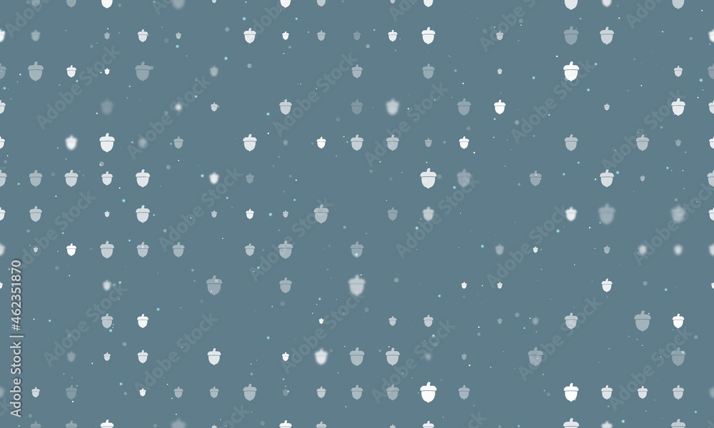 Seamless background pattern of evenly spaced white acorn symbols of different sizes and opacity. Vector illustration on blue gray background with stars