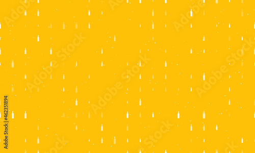 Seamless background pattern of evenly spaced white beer bottle symbols of different sizes and opacity. Vector illustration on amber background with stars