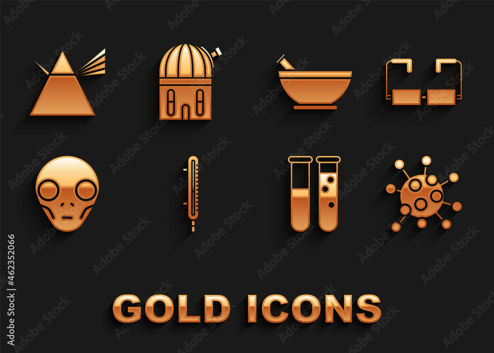 Set Meteorology thermometer measuring, Bacteria, Test tube and flask chemical laboratory, Extraterrestrial alien face, Mortar pestle, Light rays prism and Astronomical observatory icon. Vector Set Meteorology thermometer measuring, Bacteria, Test tube and flask chemical laboratory, Extraterrestrial alien face, Mortar pestle, Light rays prism and Astronomical observatory icon. Vector