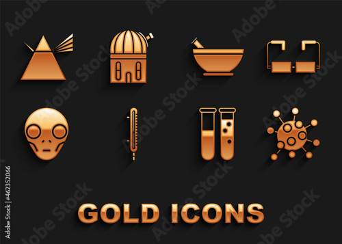 Set Meteorology thermometer measuring, Bacteria, Test tube and flask chemical laboratory, Extraterrestrial alien face, Mortar pestle, Light rays prism and Astronomical observatory icon. Vector